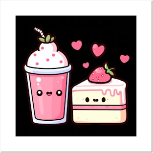 Kawaii Strawberry Milkshake and Strawberry Cake with Hearts | Kawaii Lovers Design Posters and Art